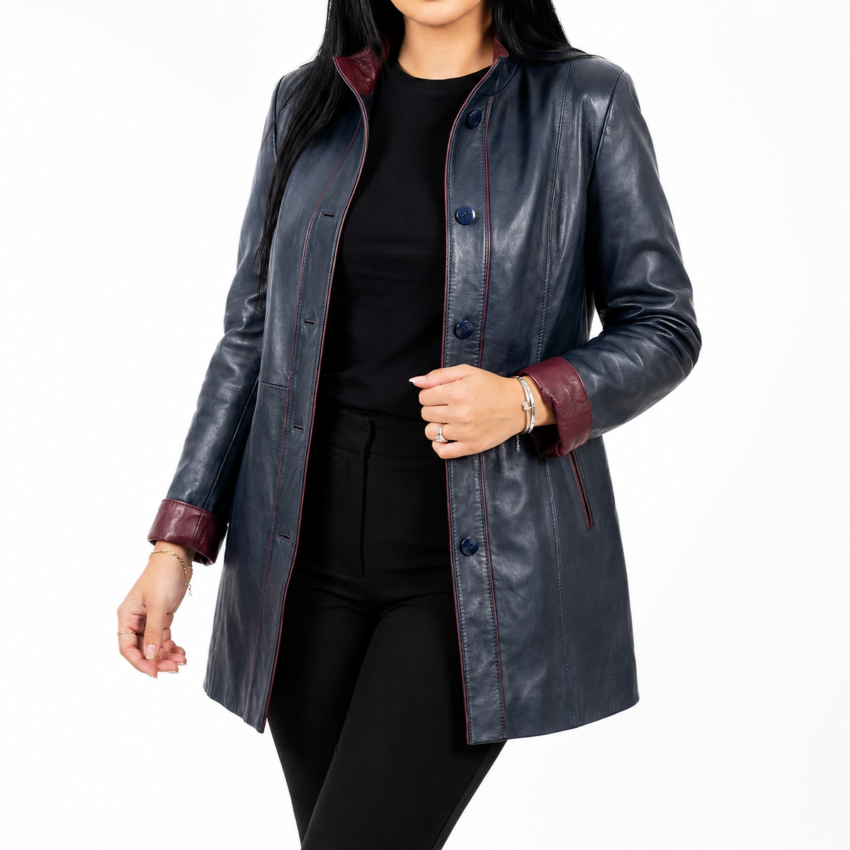 Veste Longue en Cuir Véritable — Bleu Marine & Bordeaux - The Moroccan Vibrations