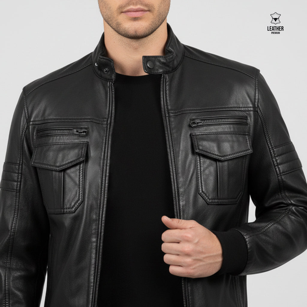 Blouson en Cuir Véritable — Noir, Casual Chic