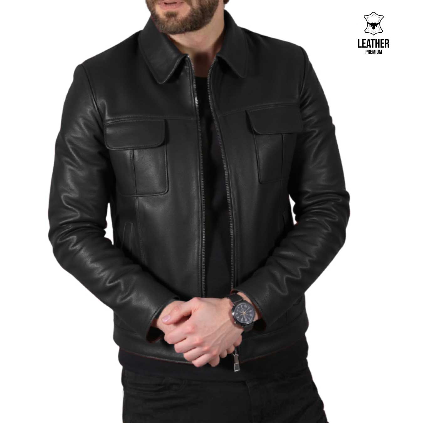 Ranger Noir — Veste Cuir Poches Plaquées