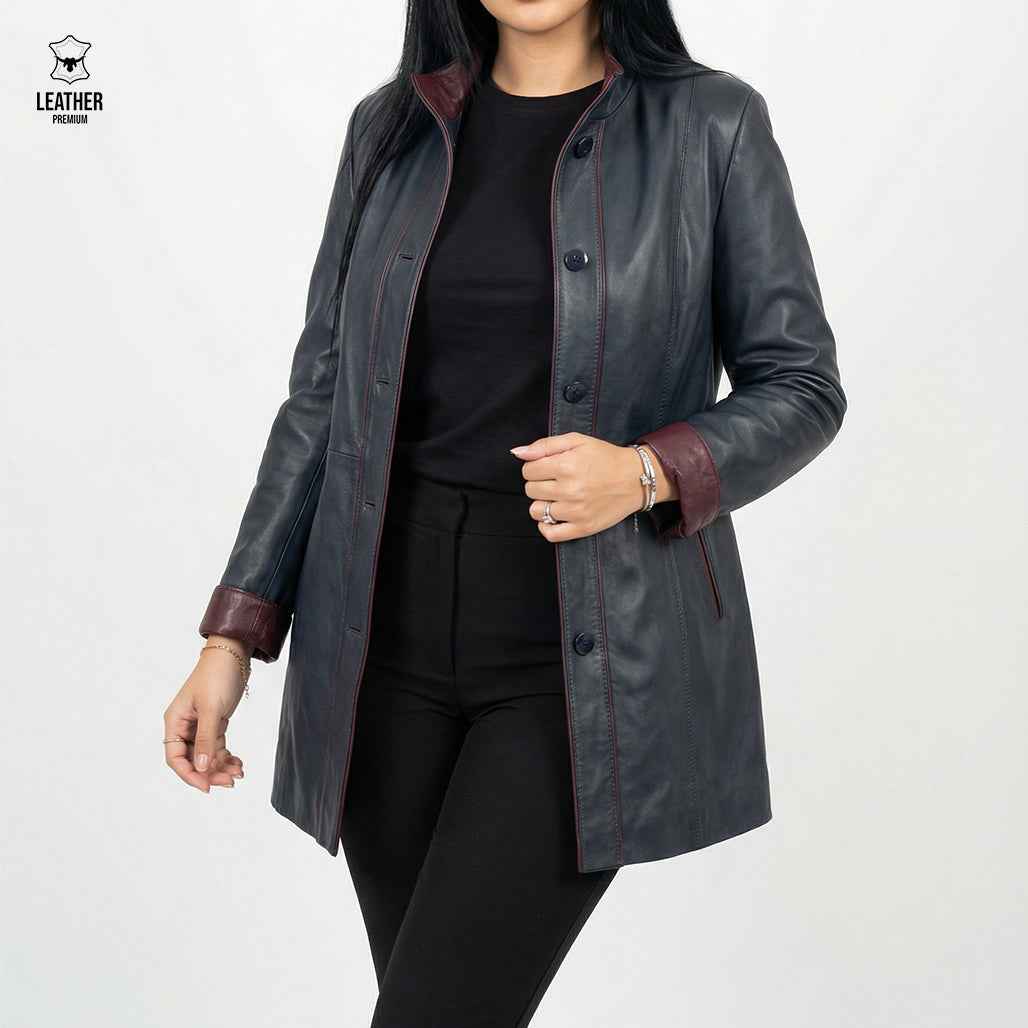 Veste Longue en Cuir Véritable — Bleu Marine & Bordeaux