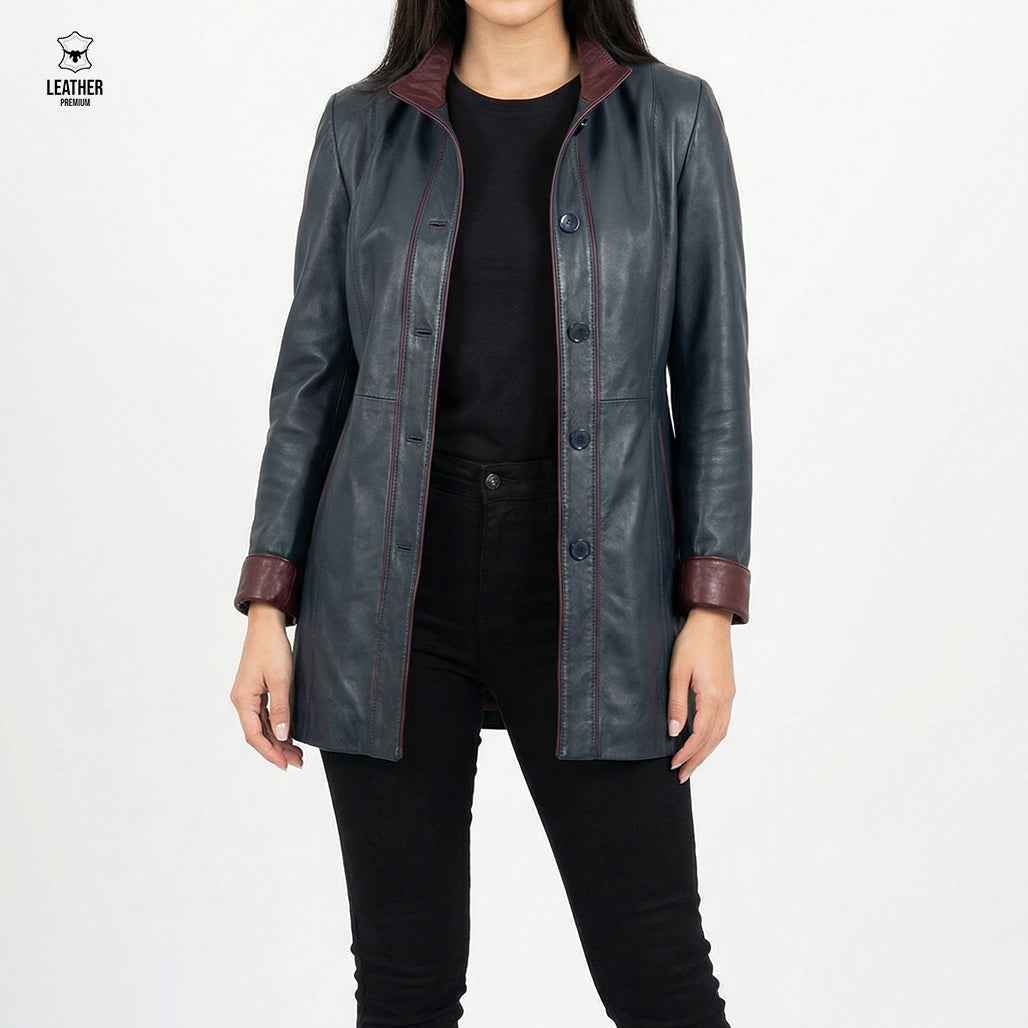 Veste Longue en Cuir Véritable — Bleu Marine & Bordeaux
