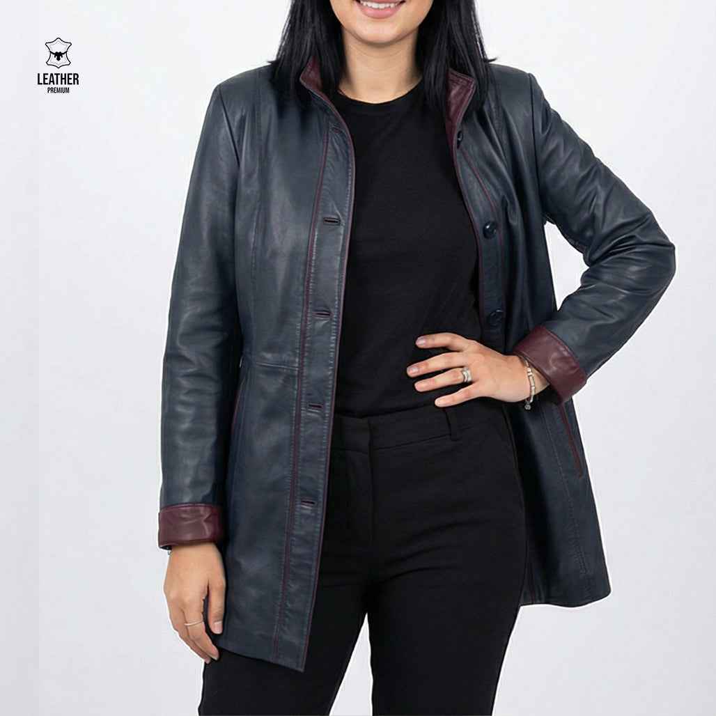Veste Longue en Cuir Véritable — Bleu Marine & Bordeaux