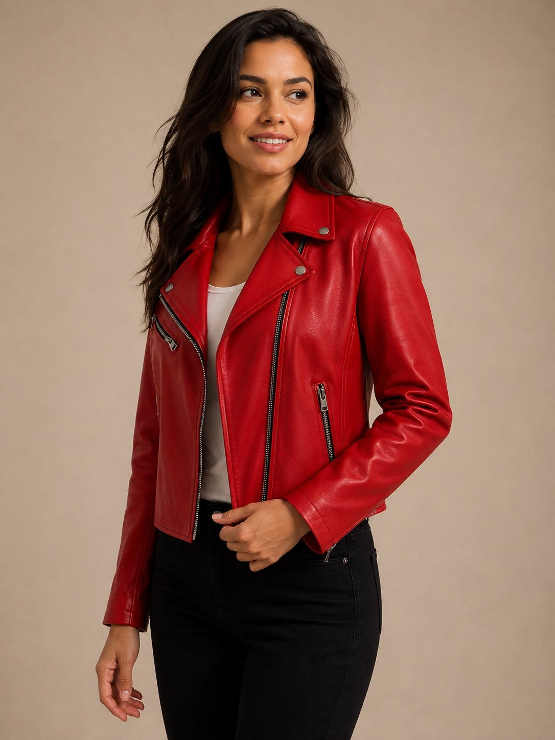 Blouson en cuir rouge passion Scarlet de ORGACUIR, veste courte en cuir véritable avec col et fermeture à boutons.