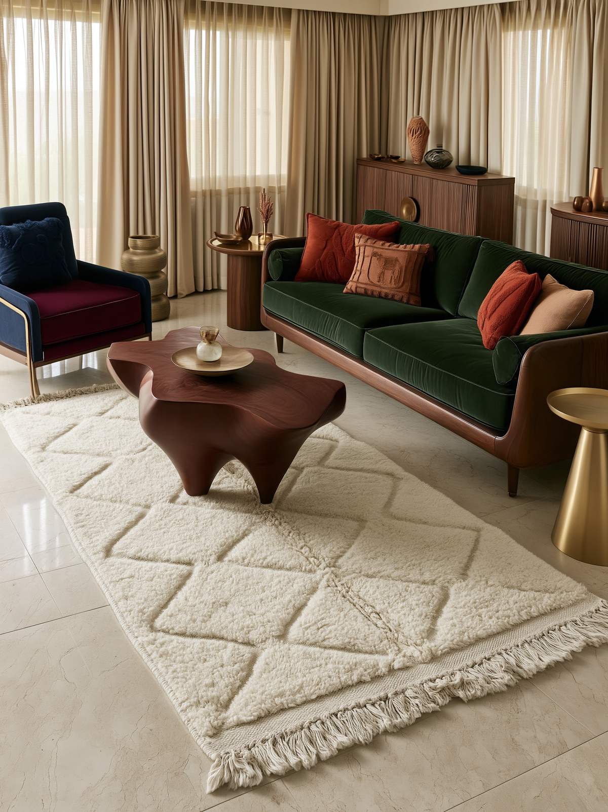 Tapis berbère marocain en laine, tissé à la main par artisans berbères, avec motifs traditionnels, dimensions 39x59 cm.