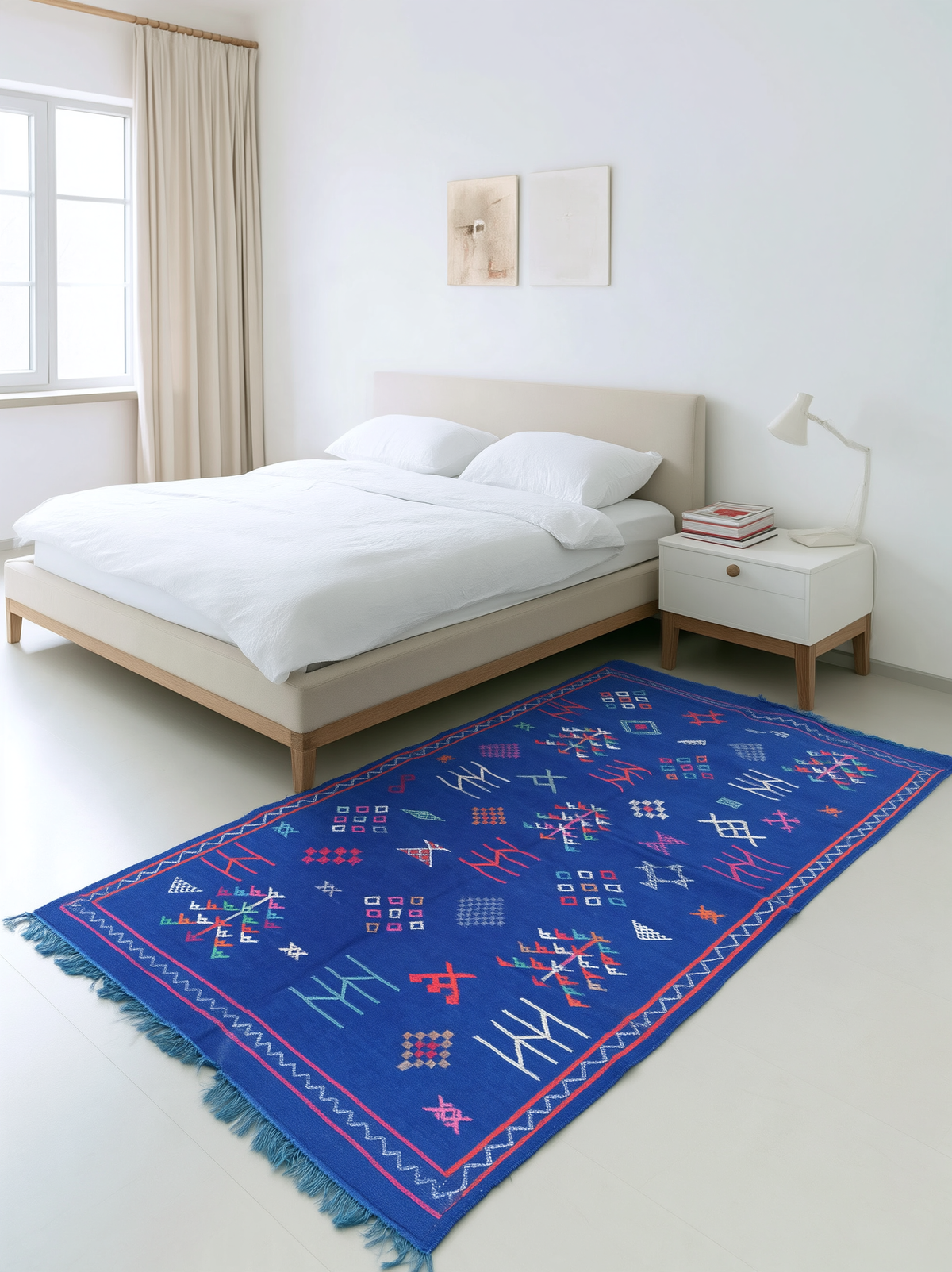 Tapis Berbère Marocain Bleu Roi — Kilim Fait Main Motifs Ethniques Multicolores