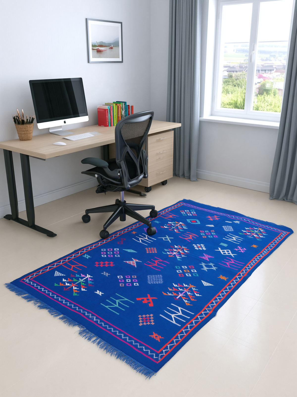 Tapis Berbère Marocain Bleu Roi — Kilim Fait Main Motifs Ethniques Multicolores