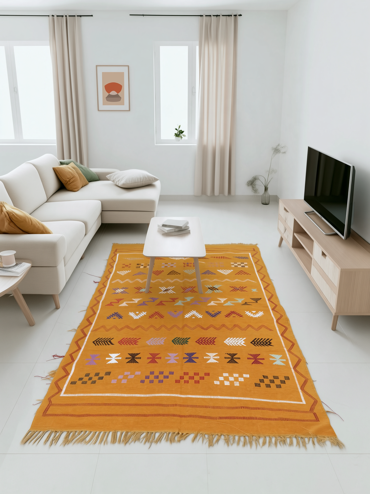 Tapis Berbère Marocain Orange Ocre — Kilim Fait Main Motifs Ethniques Multicolores