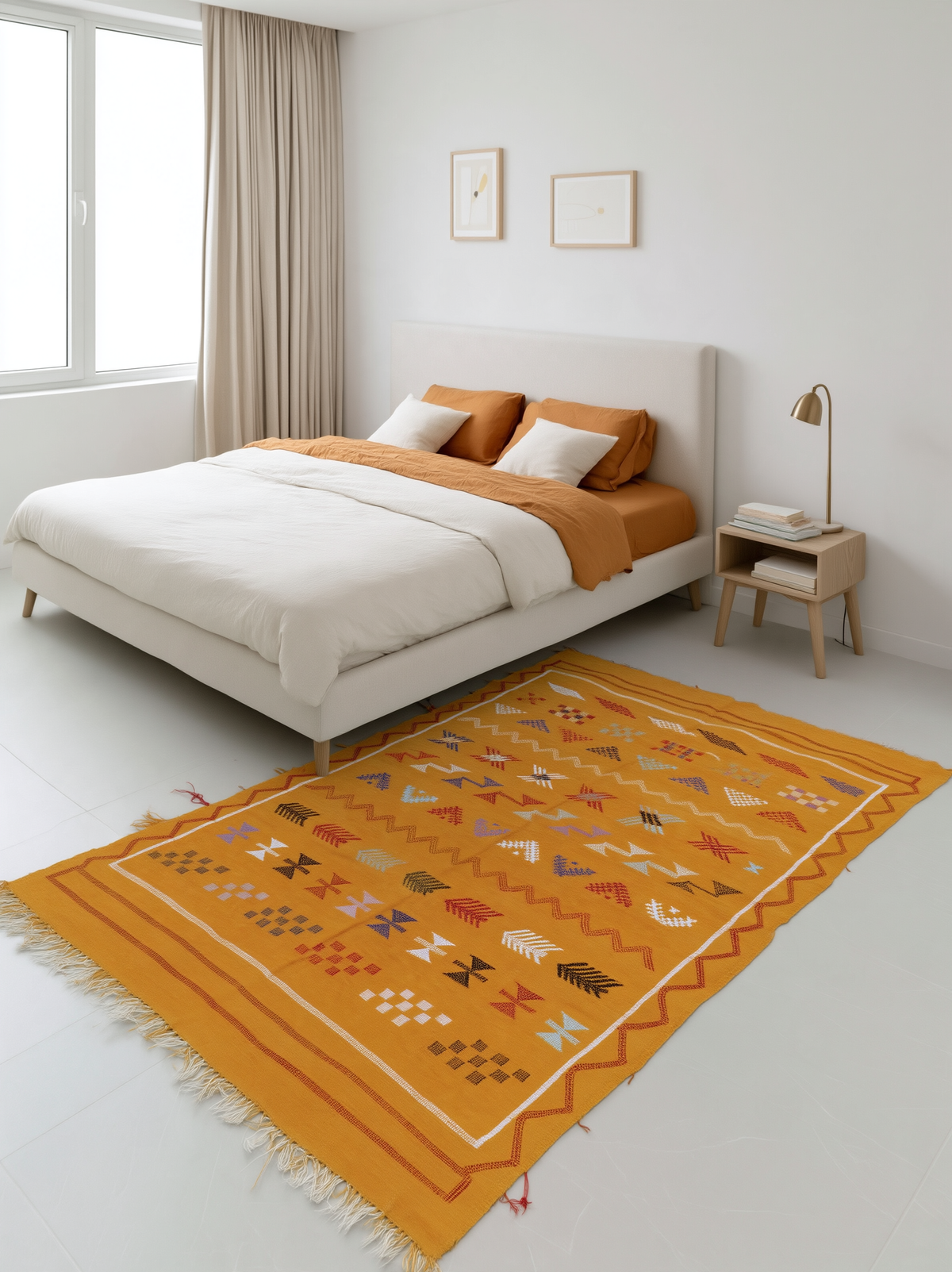 Tapis Berbère Marocain Orange Ocre — Kilim Fait Main Motifs Ethniques Multicolores