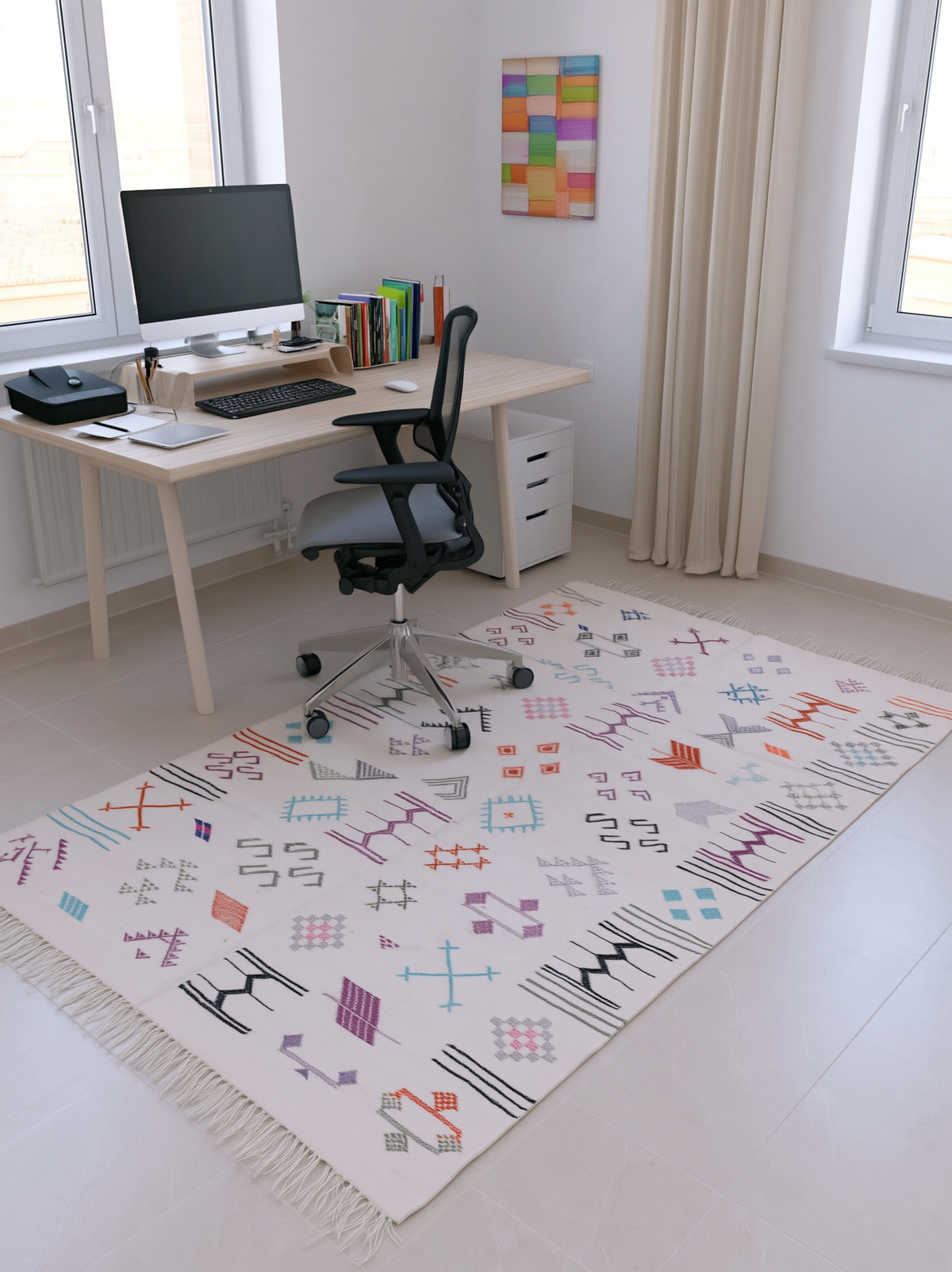 Tapis Azilal Berbère Marocain Écru — Kilim Fait Main Motifs Tribaux Multicolores
