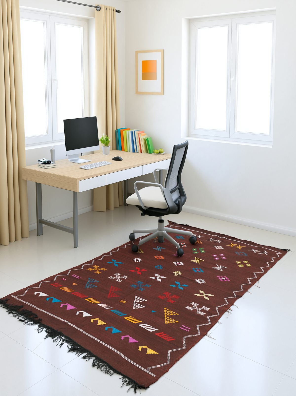 Tapis Berbère Marocain Marron Bordeaux — Kilim Fait Main Motifs Ethniques Multicolores