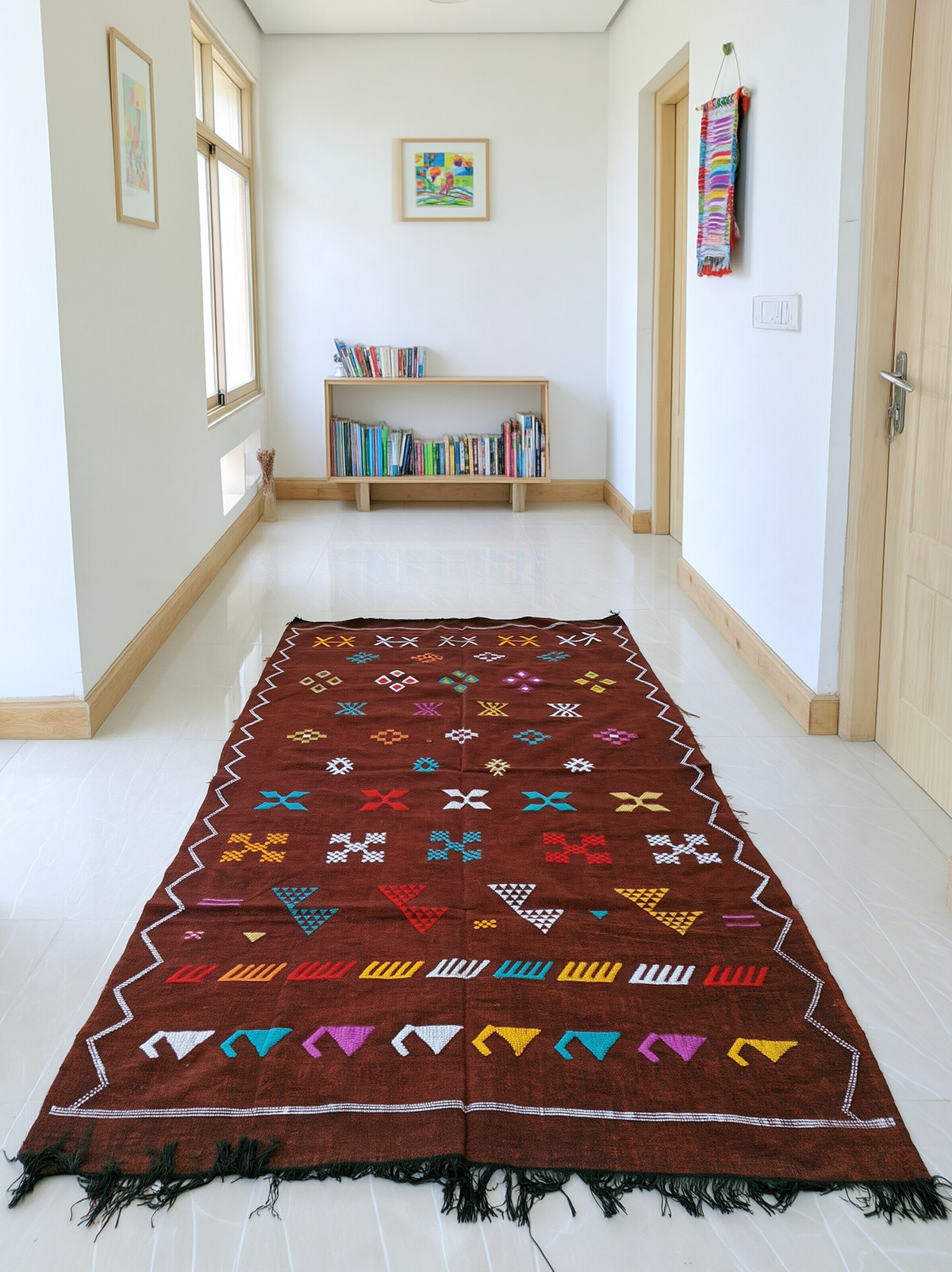 Tapis Berbère Marocain Marron Bordeaux — Kilim Fait Main Motifs Ethniques Multicolores