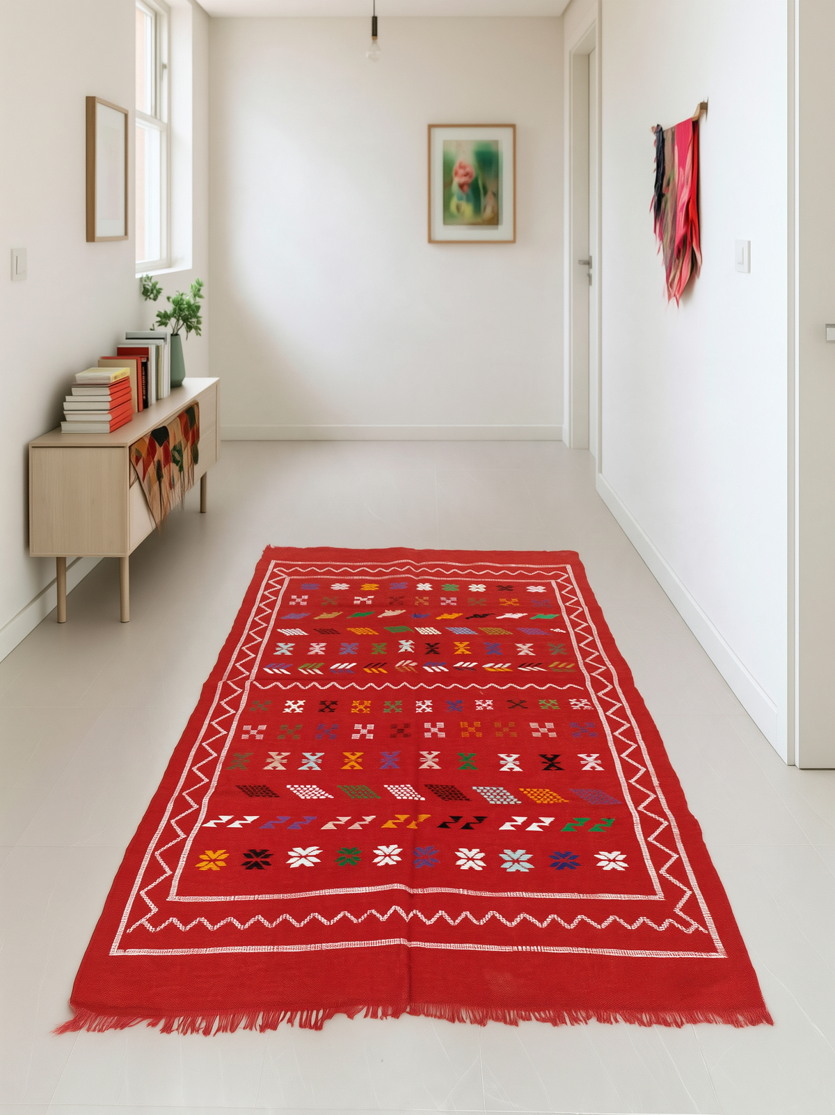 Tapis kilim rouge à franges dans un couloir, format allongé 250 x 150 cm