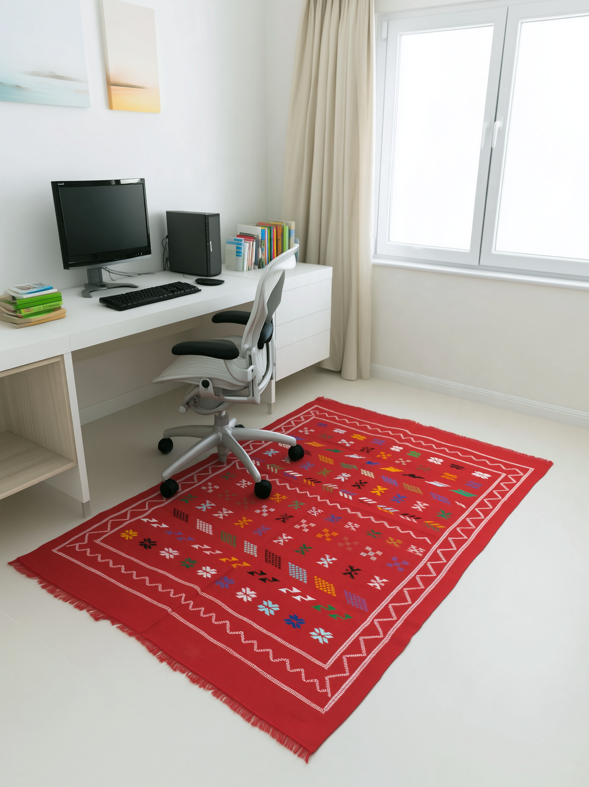 Tapis kilim rouge fait main sous un bureau avec chaise, motifs berbères multicolores