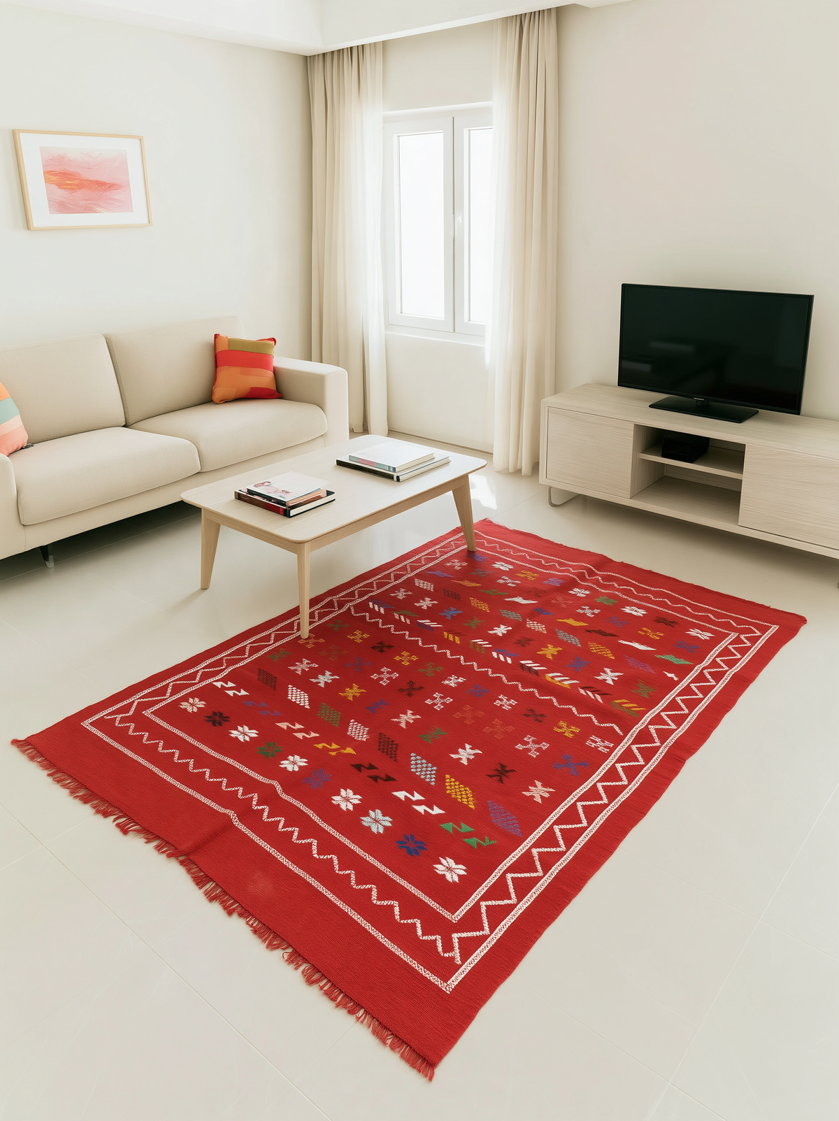 Tapis kilim marocain rouge 250 x 150 cm posé dans un salon avec canapé beige et table basse