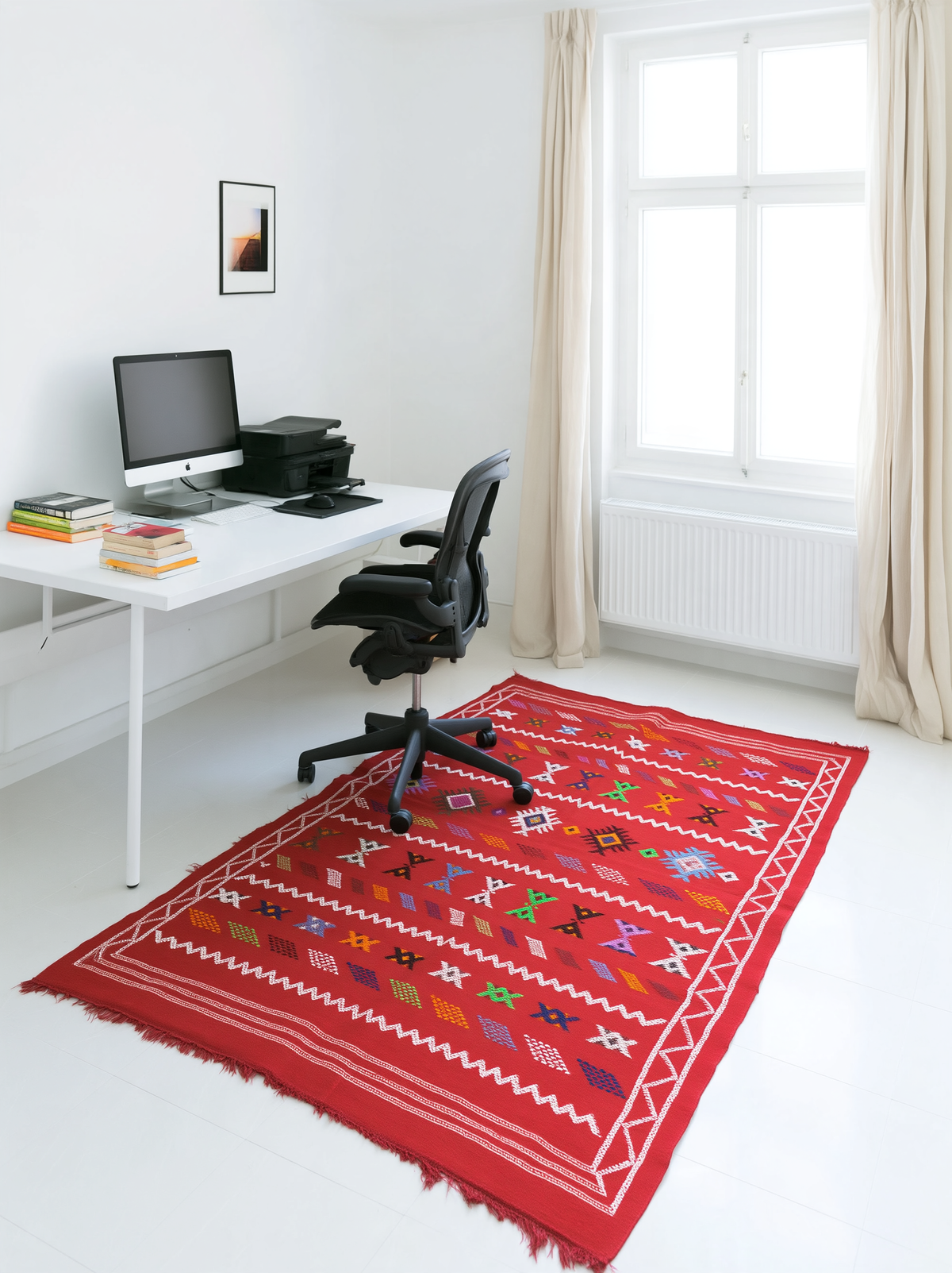 Tapis Berbère Marocain Rouge Vif — Kilim Fait Main Bordure Double Zigzag