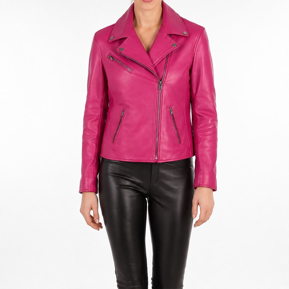 Perfecto Femme en Cuir d’Agneau Rose Fuchsia, Veste Biker