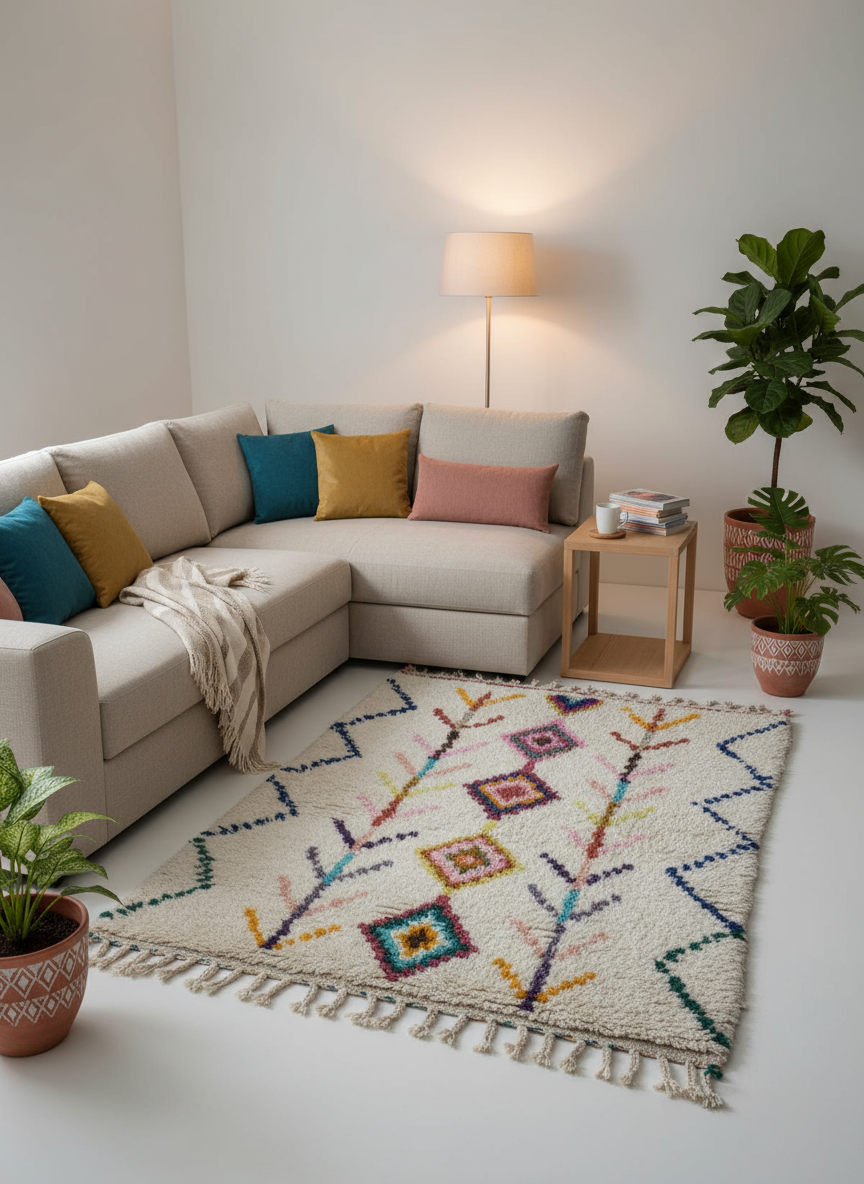 Tapis Azilal Marocain en Laine – Tissé à la Main par Artisans Berbères (Approx 39x59/100 x 150 cm)