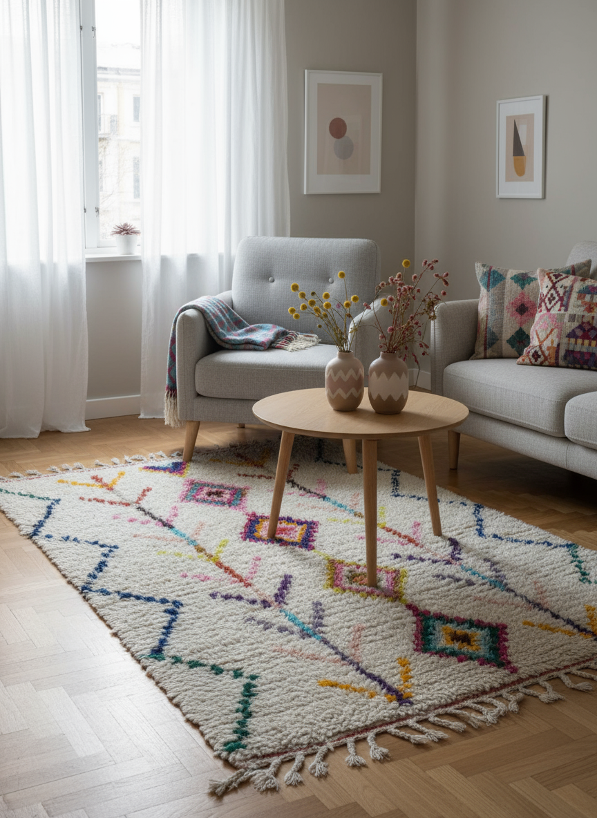Tapis Azilal Marocain en Laine – Tissé à la Main par Artisans Berbères (Approx 39x59/100 x 150 cm)