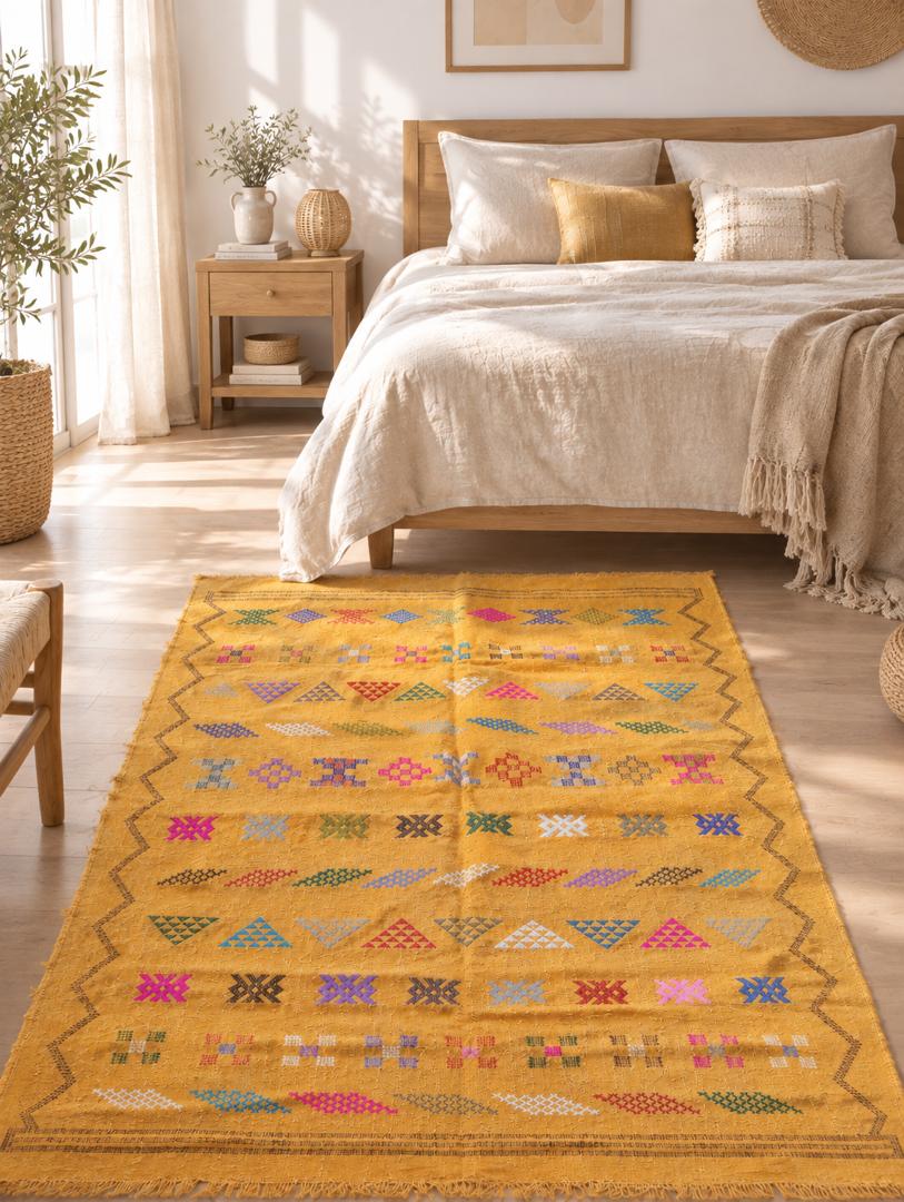 Tapis Marocain en Coton Tissé à la Main – Fond Moutarde, Motifs Géométriques Multicolores (59x98 / 150 x 250 cm)