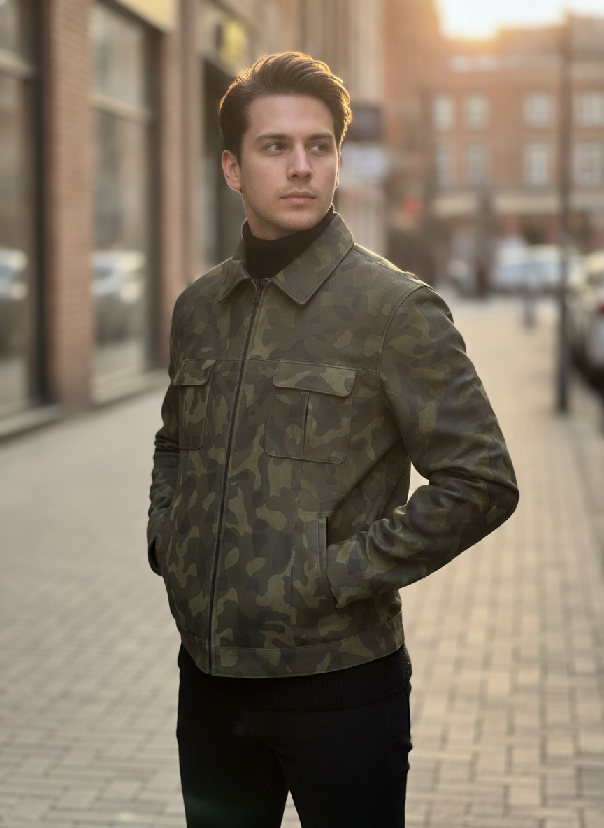 Blouson Cuir Homme Camouflage Vert Col Chemise – Orgacuir