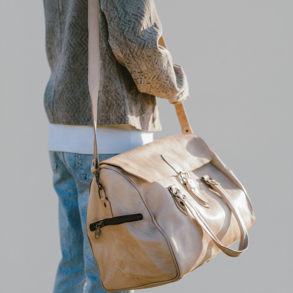 Sac de Voyage en Cuir Naturel Beige 55 cm