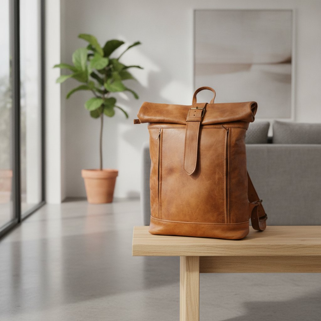 Sac à dos en Cuir de Chèvre Roll-Top 28 x 40 cm