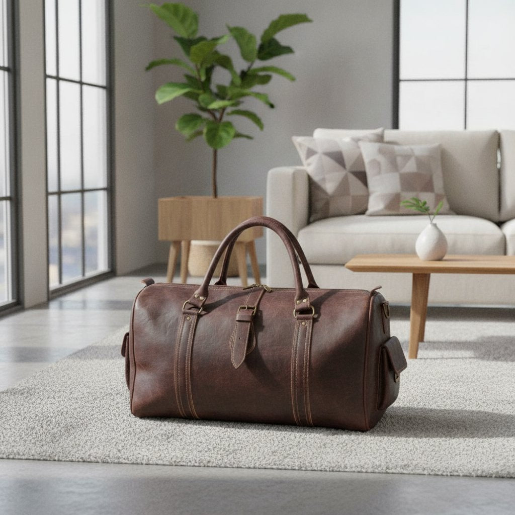 Sac de Voyage en Cuir Marron Fait Main avec Bandoulière