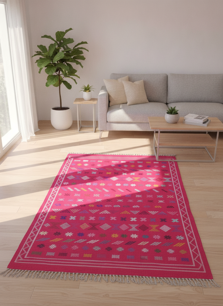 Tapis Marocain en Coton Tissé à la Main – Fond Rose Fuchsia, Motifs Berbères Géométriques Multicolores (150 x 250 cm)