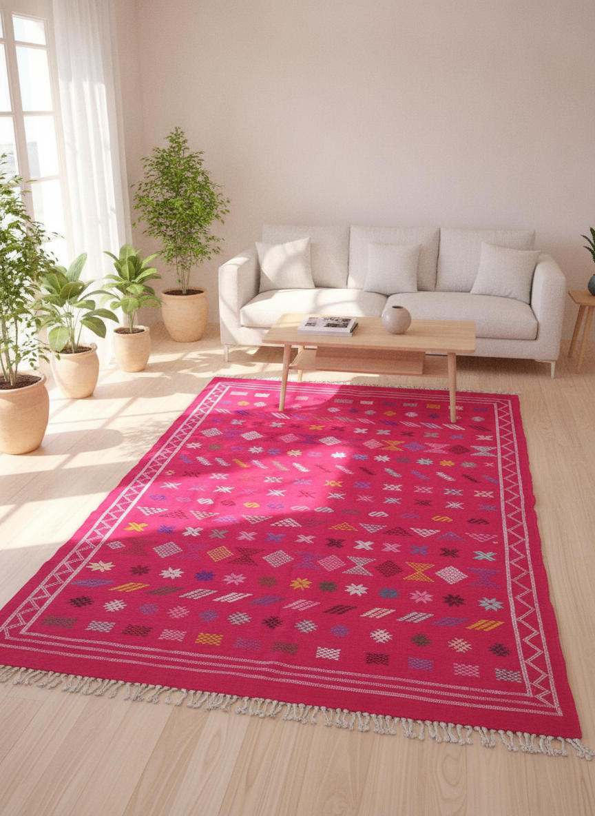 Tapis Marocain en Coton Tissé à la Main – Fond Rose Fuchsia, Motifs Berbères Géométriques Multicolores (150 x 250 cm)