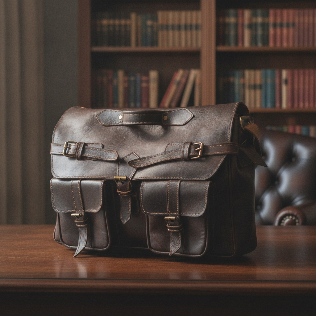 Sac Messager en Cuir Marron Foncé avec 3 Poches 48 cm
