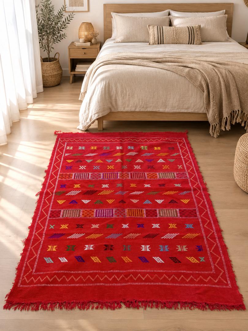Tapis Marocain en Coton Tissé Main – Fond Rouge Vif, Motifs Multicolores Berbères (59x98 / 150 x 250 cm)