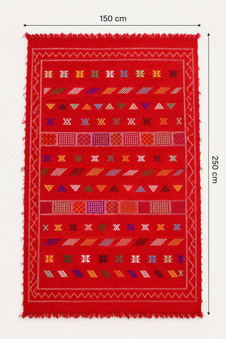 Tapis Marocain en Coton Tissé Main – Fond Rouge Vif, Motifs Multicolores Berbères (59x98 / 150 x 250 cm)