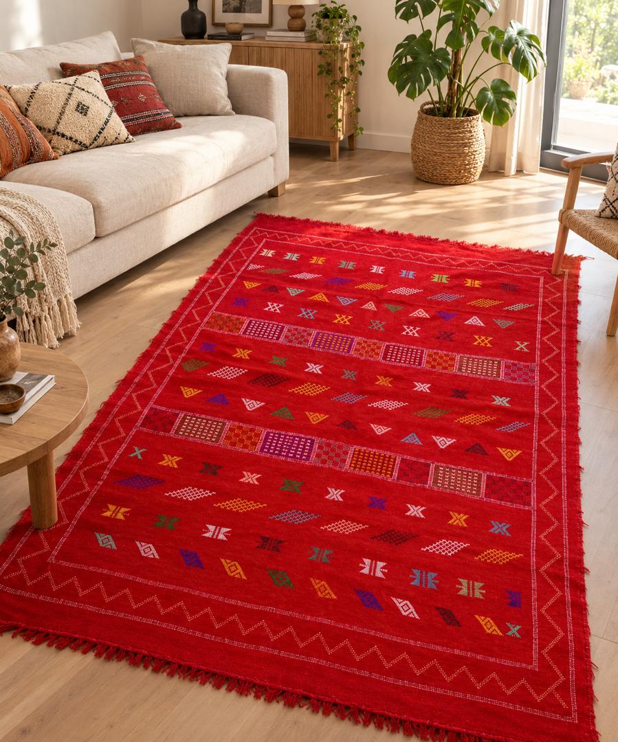 Tapis Marocain en Coton Tissé Main – Fond Rouge Vif, Motifs Multicolores Berbères (59x98 / 150 x 250 cm)
