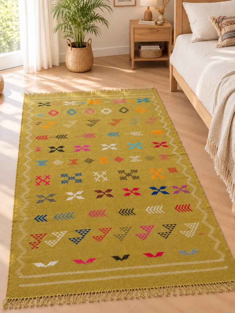 Tapis Marocain en Coton Tissé Main – Fond Jaune Moutarde, Motifs Multicolores Berbères (59x98 / 150 x 250 cm)