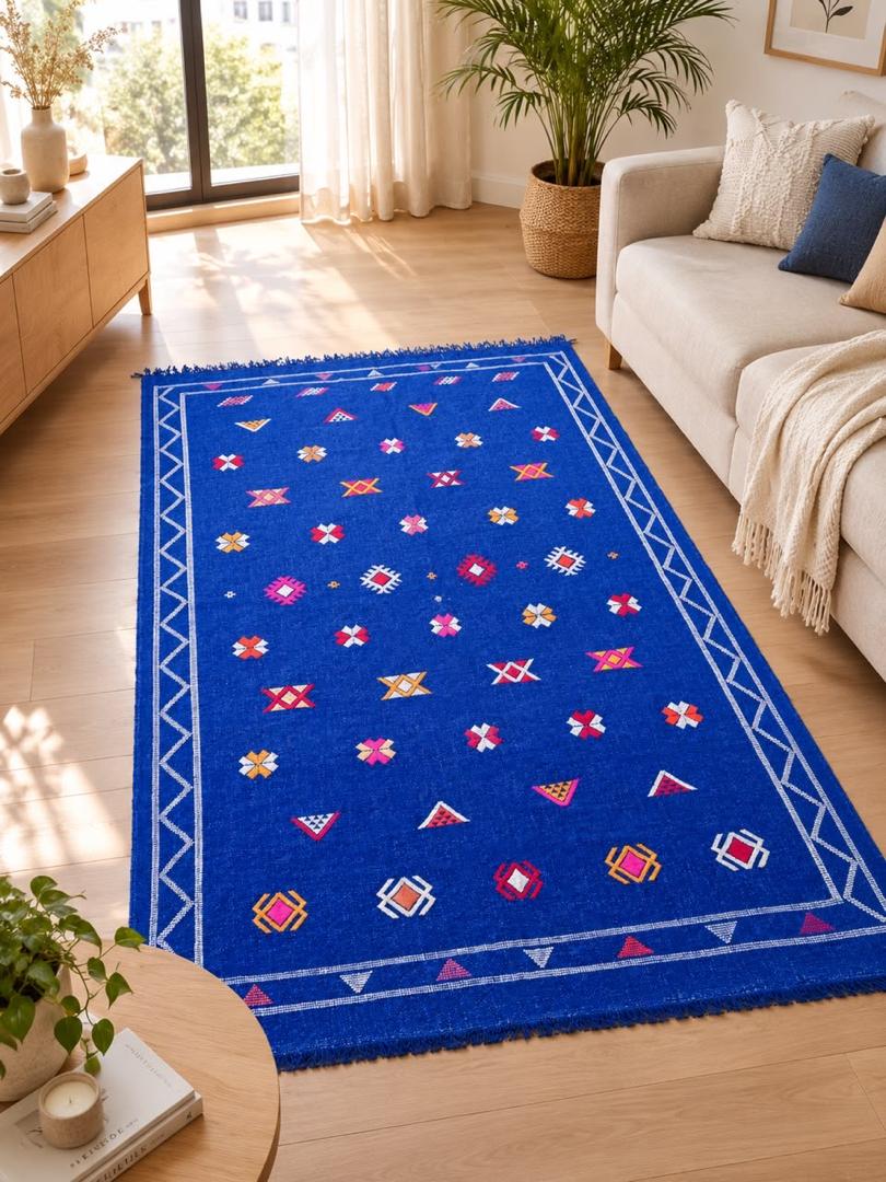 TAPIS BERBÈRE MAROCAIN en COTON-MOTIFS TRADITIONNELS TISSÈS à la Main,Bleu Roi & Multicolore (59x98/150x250cm)